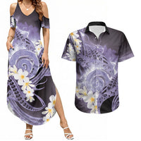 Piko Hawaiian Couples Matching Summer Maxi Dress and Hawaiian Shirt Purple Galaxy Spiral Plumeria Tribal Patterns