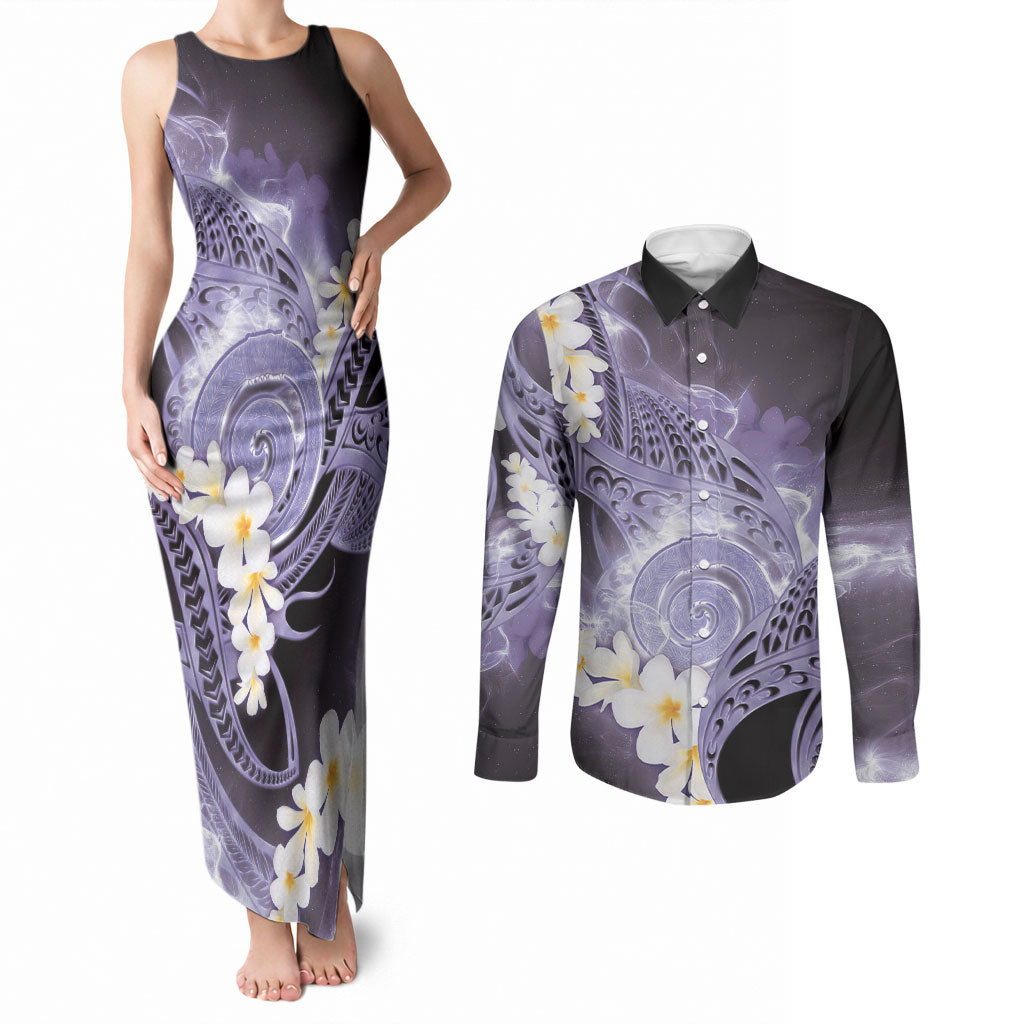 Piko Hawaiian Couples Matching Tank Maxi Dress and Long Sleeve Button Shirt Purple Galaxy Spiral Plumeria Tribal Patterns