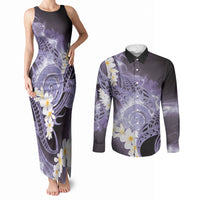 Piko Hawaiian Couples Matching Tank Maxi Dress and Long Sleeve Button Shirt Purple Galaxy Spiral Plumeria Tribal Patterns