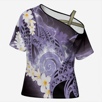 Piko Hawaiian Cross Shoulder Shirt Purple Galaxy Spiral Plumeria Tribal Patterns