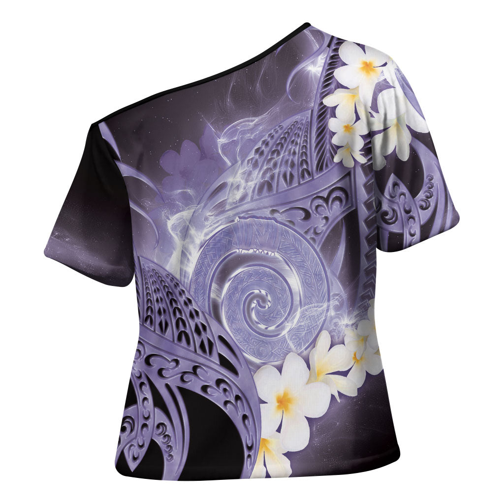 Piko Hawaiian Cross Shoulder Shirt Purple Galaxy Spiral Plumeria Tribal Patterns