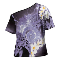 Piko Hawaiian Cross Shoulder Shirt Purple Galaxy Spiral Plumeria Tribal Patterns