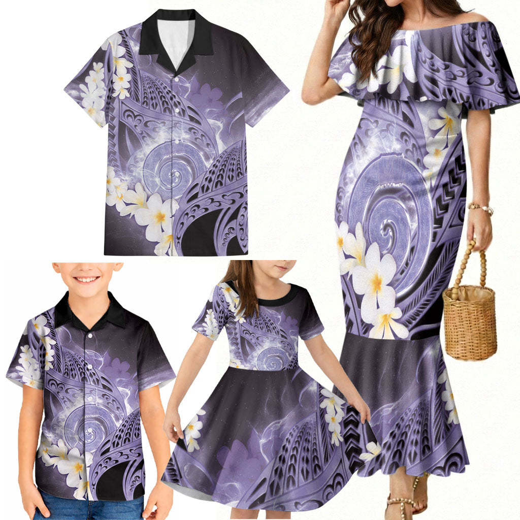 Piko Hawaiian Family Matching Mermaid Dress and Hawaiian Shirt Purple Galaxy Spiral Plumeria Tribal Patterns