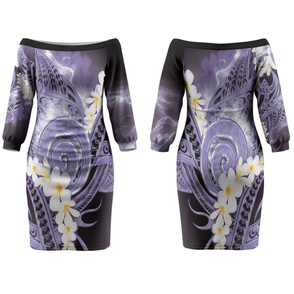 Piko Hawaiian Family Matching Off The Shoulder Long Sleeve Dress and Hawaiian Shirt Purple Galaxy Spiral Plumeria Tribal Patterns