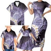 Piko Hawaiian Family Matching Short Sleeve Bodycon Dress and Hawaiian Shirt Purple Galaxy Spiral Plumeria Tribal Patterns