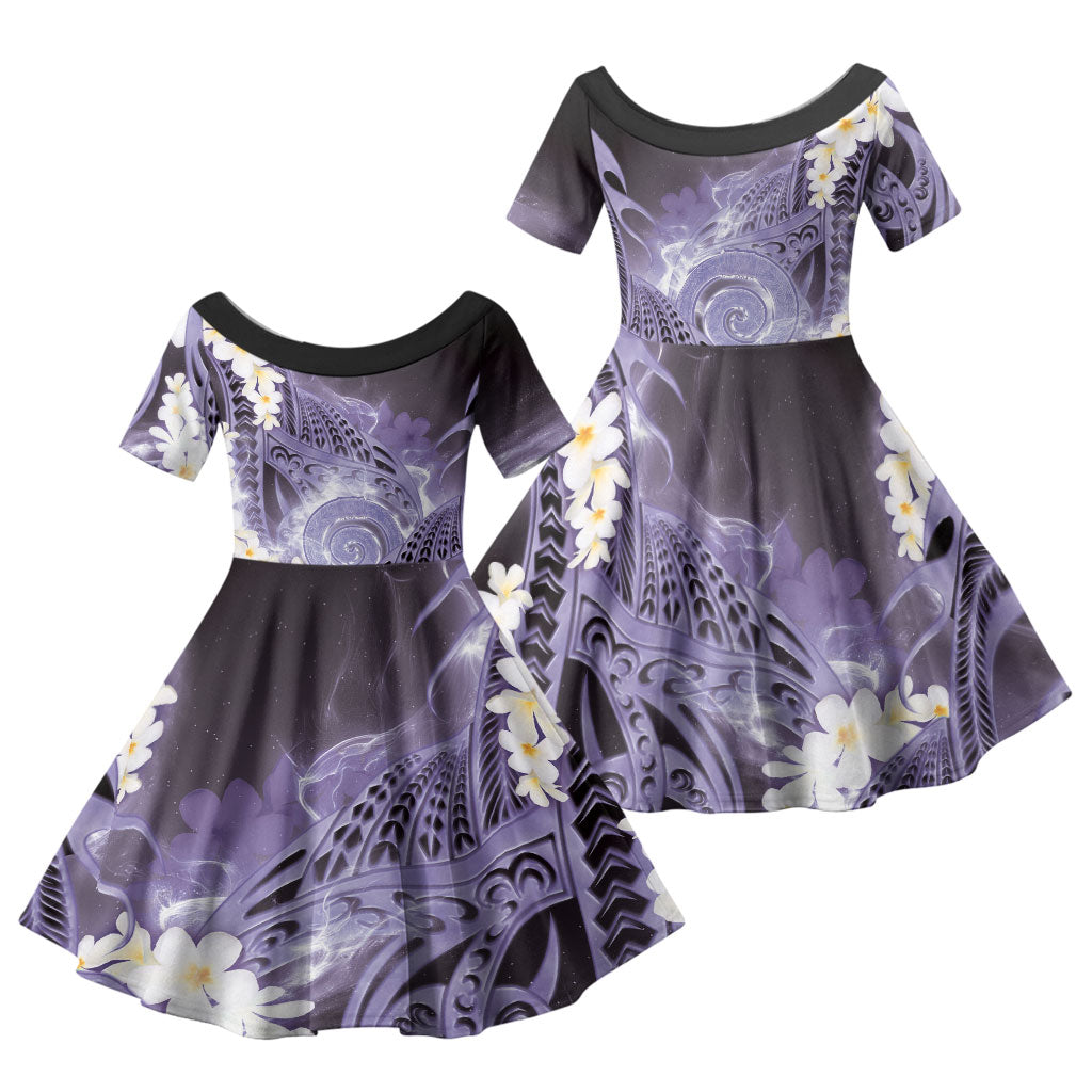 Piko Hawaiian Family Matching Short Sleeve Bodycon Dress and Hawaiian Shirt Purple Galaxy Spiral Plumeria Tribal Patterns