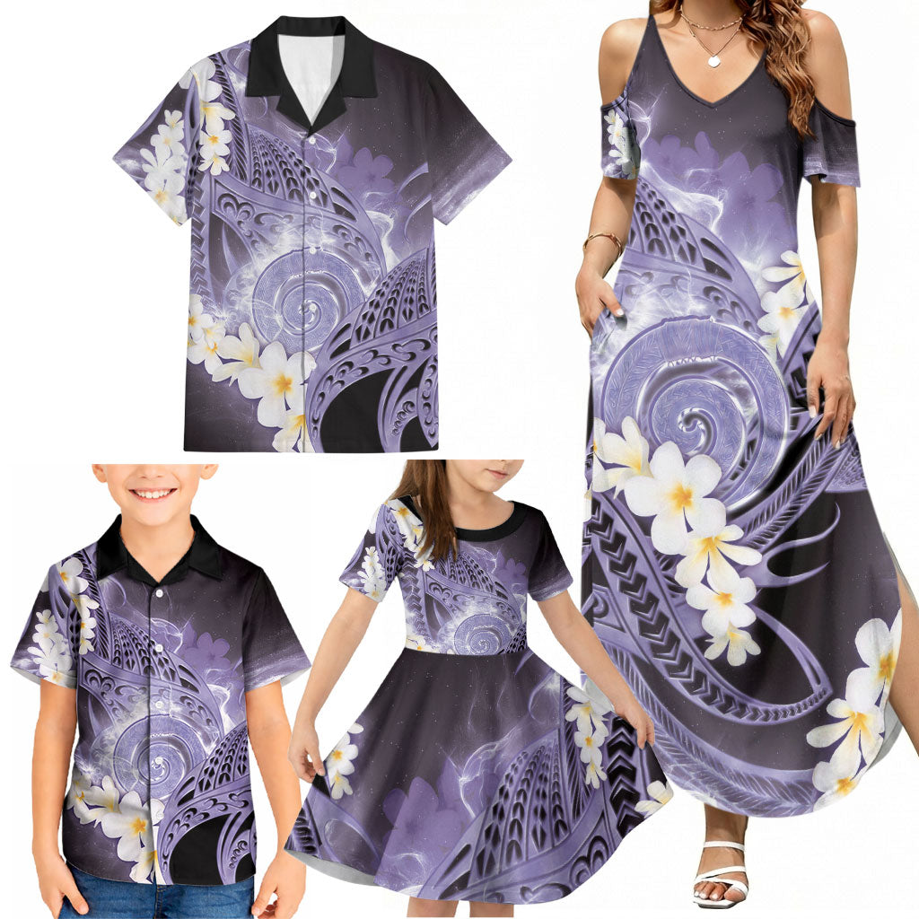 Piko Hawaiian Family Matching Summer Maxi Dress and Hawaiian Shirt Purple Galaxy Spiral Plumeria Tribal Patterns