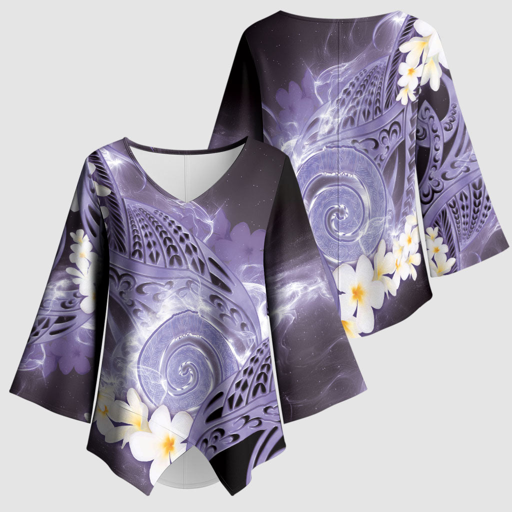 Piko Hawaiian Kimono Sleeve Blouse Purple Galaxy Spiral Plumeria Tribal Patterns