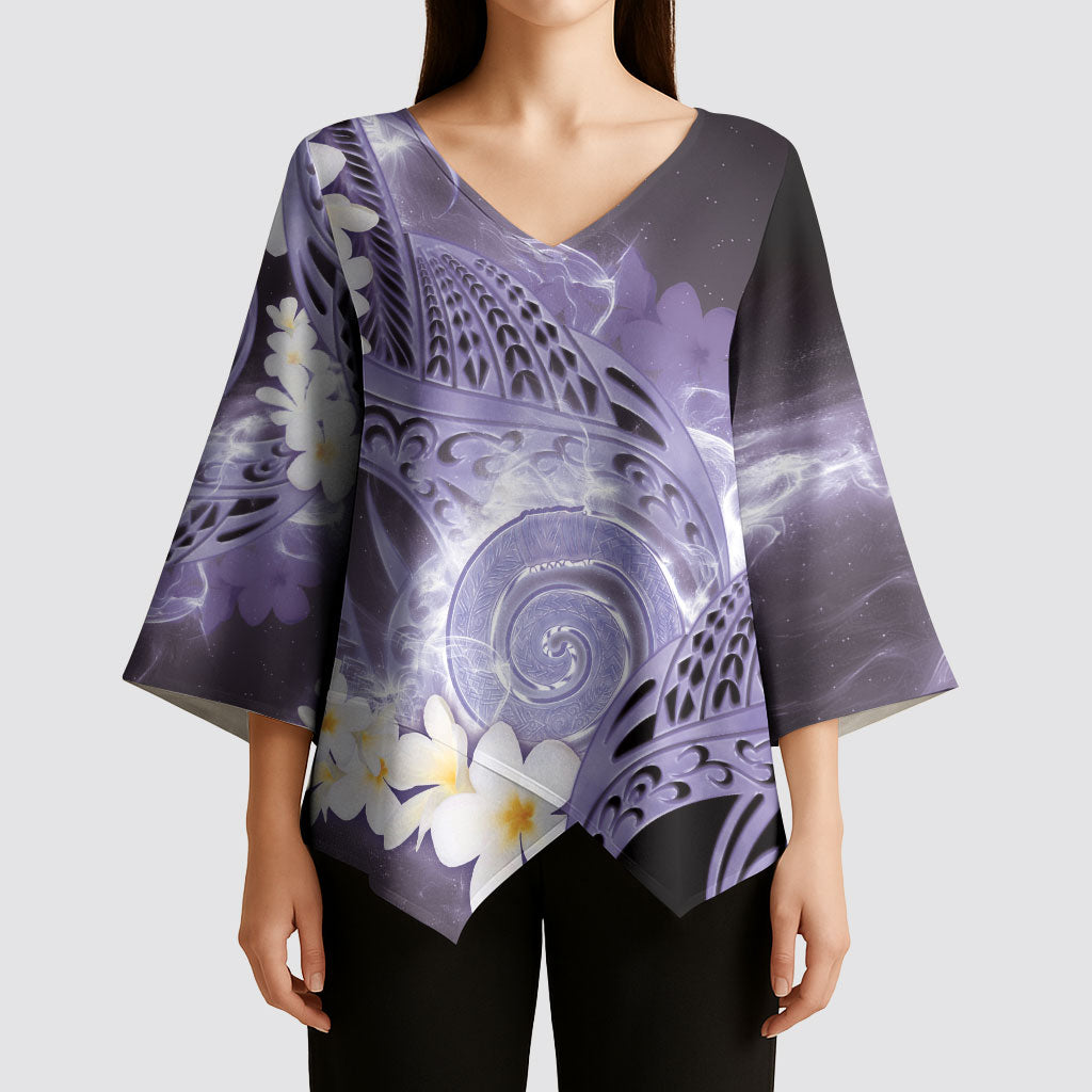 Piko Hawaiian Kimono Sleeve Blouse Purple Galaxy Spiral Plumeria Tribal Patterns
