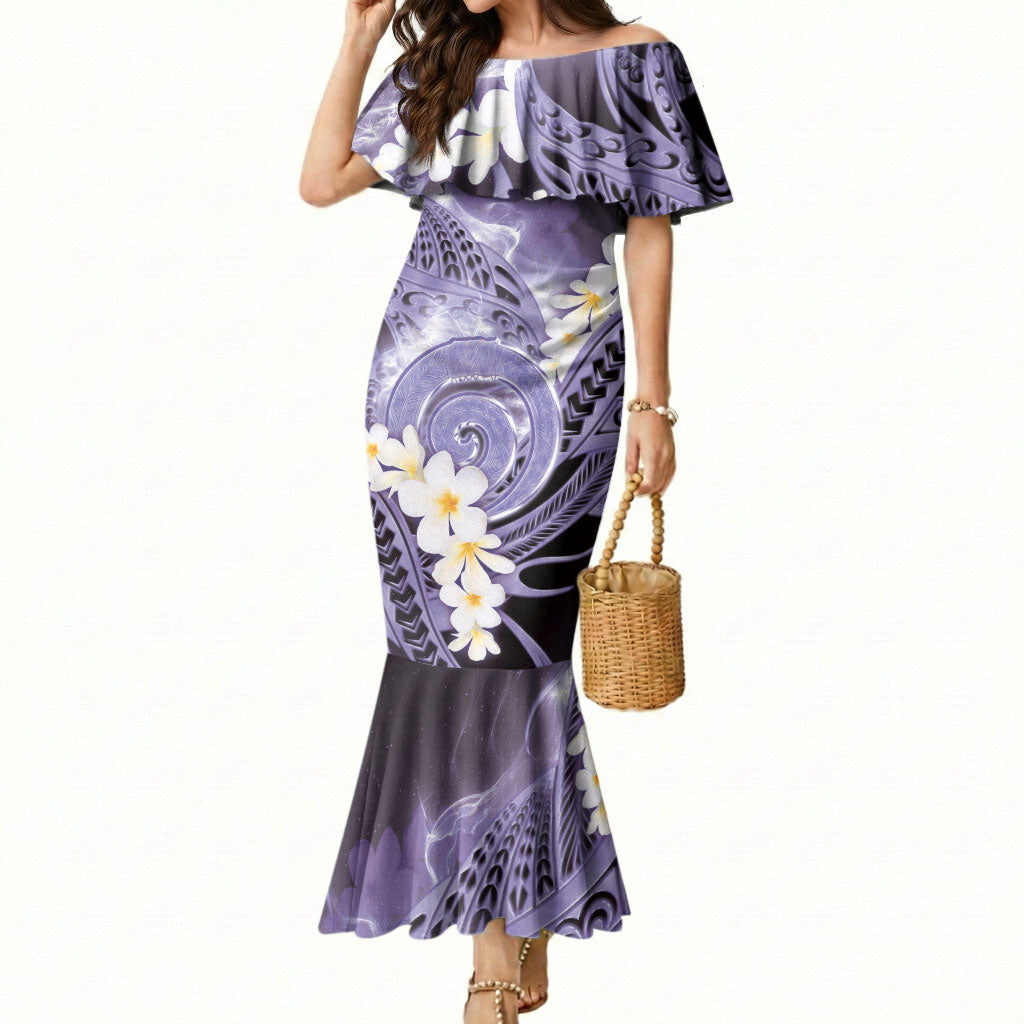 Piko Hawaiian Mermaid Dress Purple Galaxy Spiral Plumeria Tribal Patterns