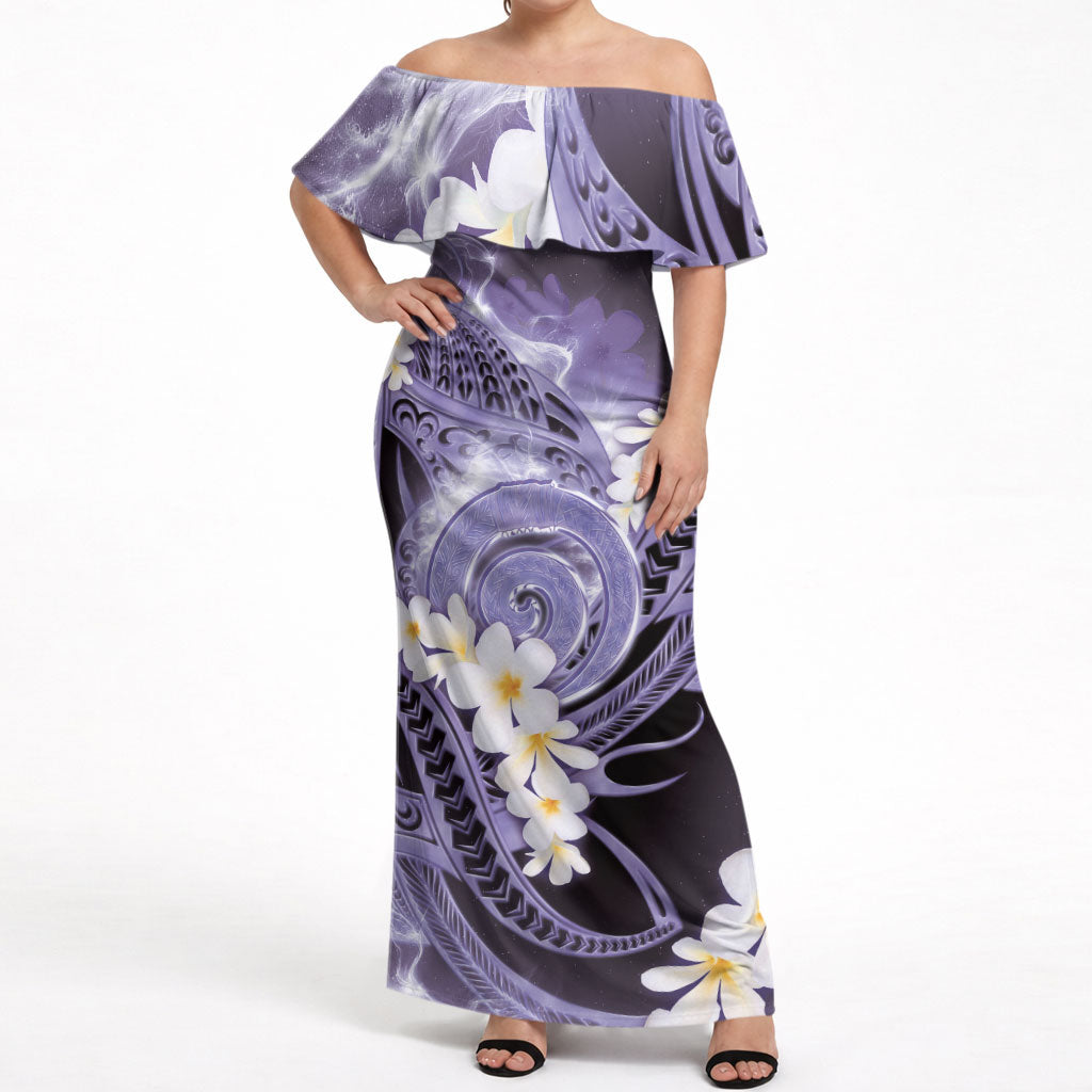 Piko Hawaiian Off Shoulder Maxi Dress Purple Galaxy Spiral Plumeria Tribal Patterns
