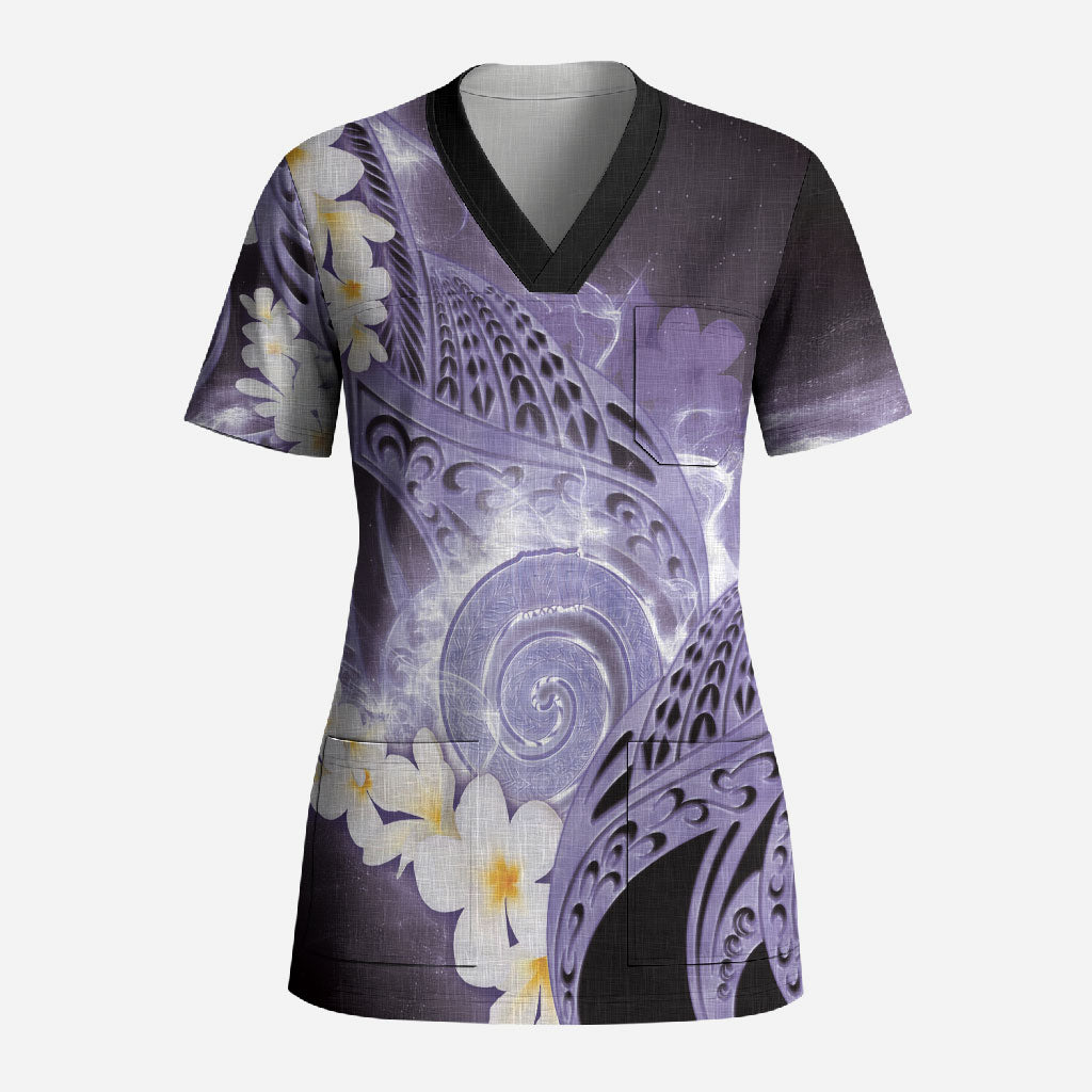 Piko Hawaiian Scrub Top Purple Galaxy Spiral Plumeria Tribal Patterns
