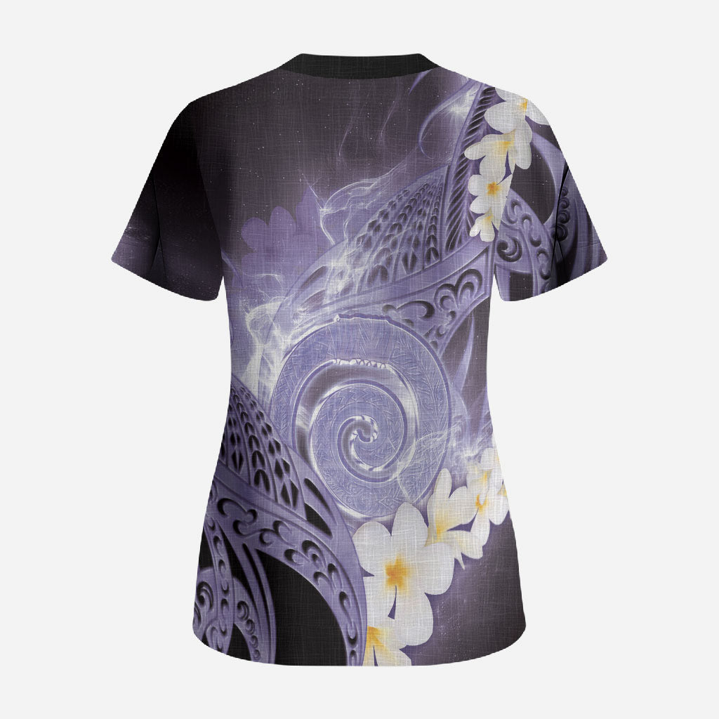 Piko Hawaiian Scrub Top Purple Galaxy Spiral Plumeria Tribal Patterns