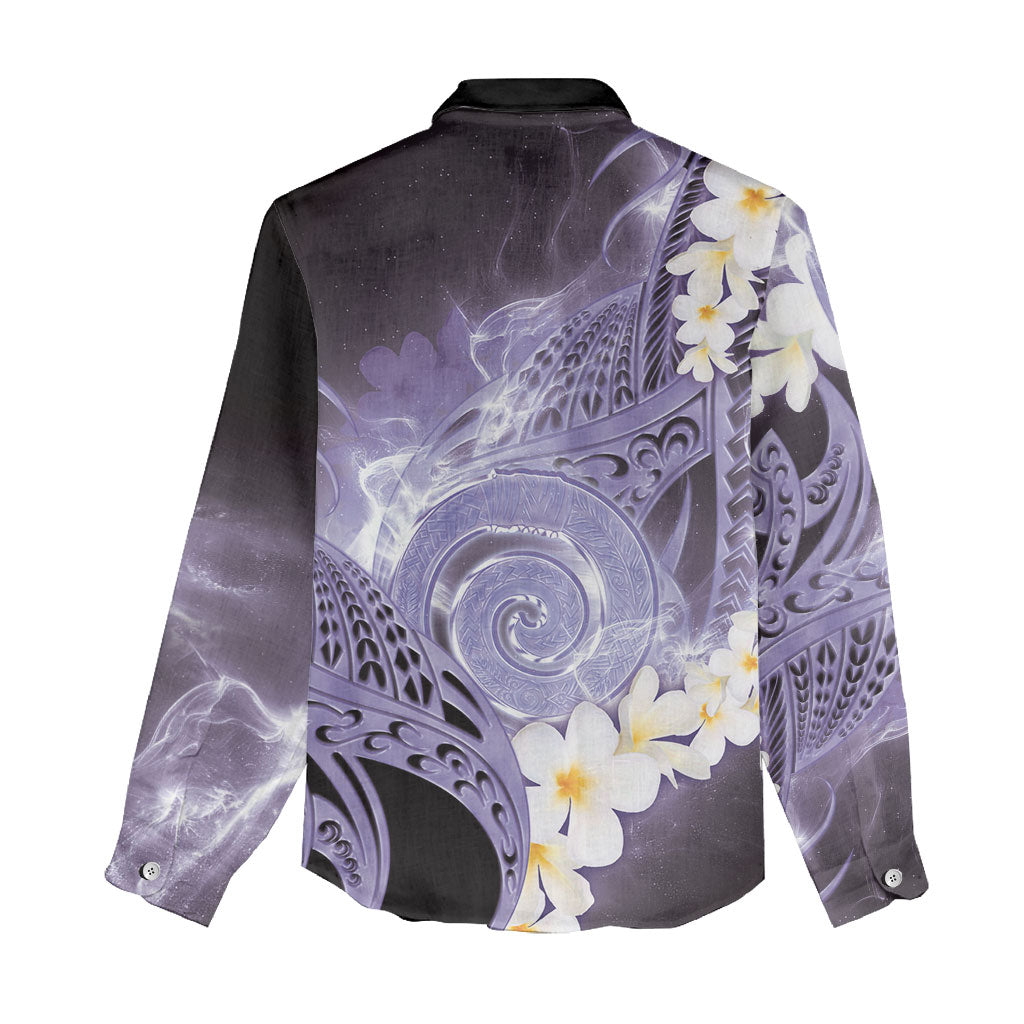 Piko Hawaiian Women Casual Shirt Purple Galaxy Spiral Plumeria Tribal Patterns