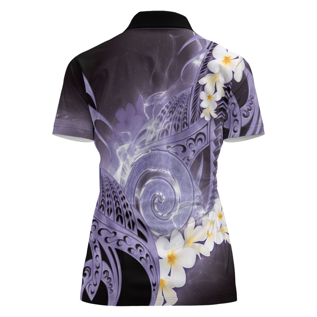Piko Hawaiian Women Polo Shirt Purple Galaxy Spiral Plumeria Tribal Patterns