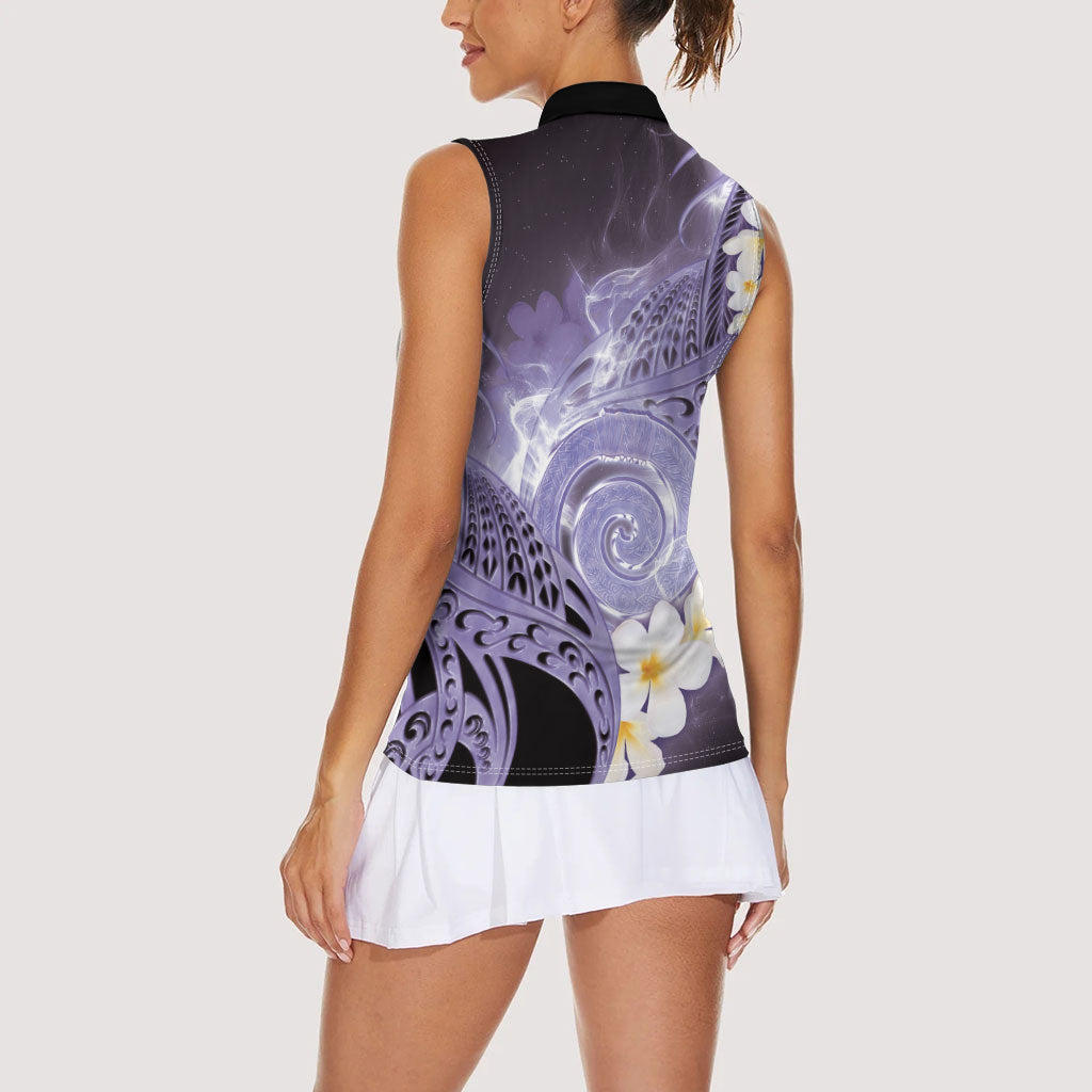 Piko Hawaiian Women Sleeveless Polo Shirt Purple Galaxy Spiral Plumeria Tribal Patterns