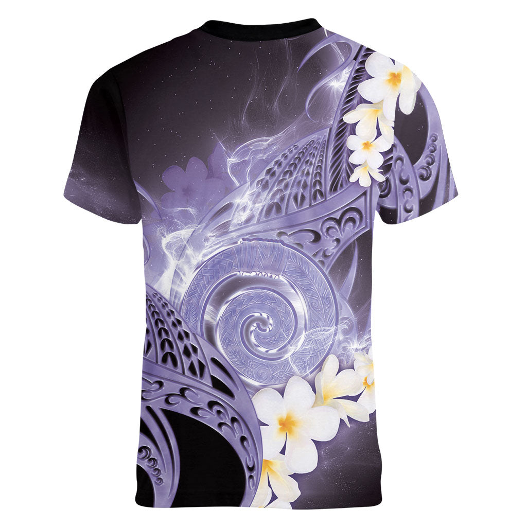 Piko Hawaiian Women V-Neck T-Shirt Purple Galaxy Spiral Plumeria Tribal Patterns