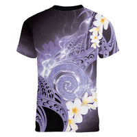 Piko Hawaiian Women V-Neck T-Shirt Purple Galaxy Spiral Plumeria Tribal Patterns