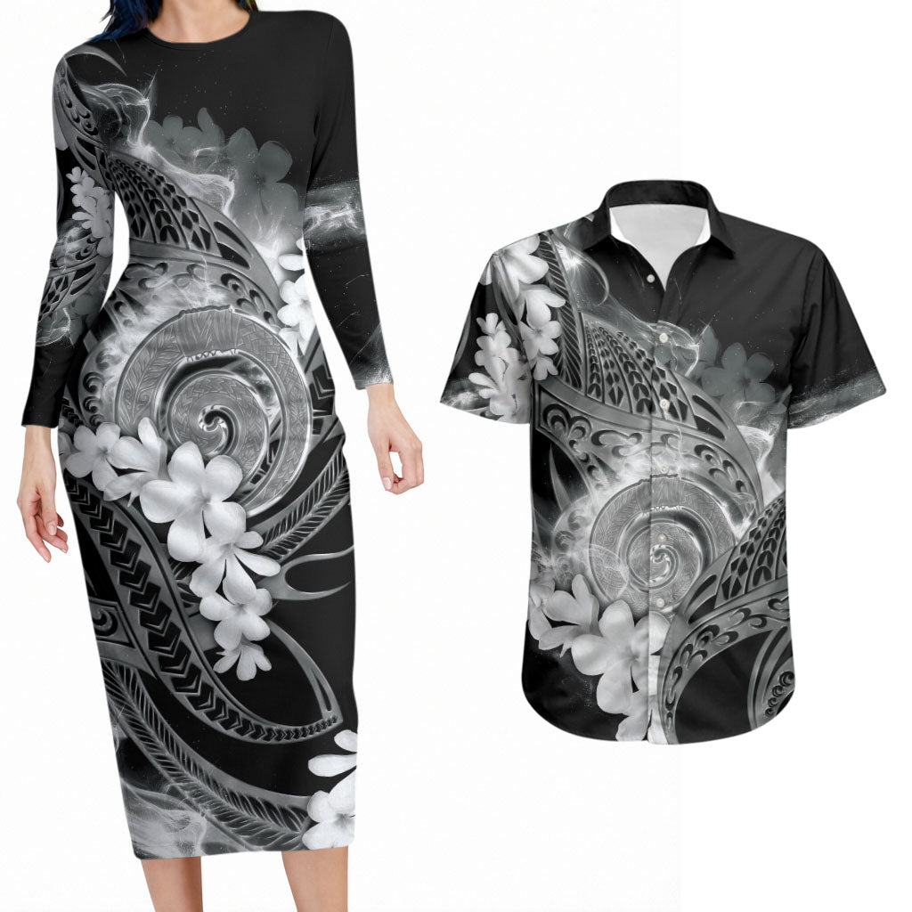 Piko Hawaiian Couples Matching Long Sleeve Bodycon Dress and Hawaiian Shirt Monochrome Galaxy Spiral Plumeria Tribal Patterns DT05 Black - Polynesian Pride