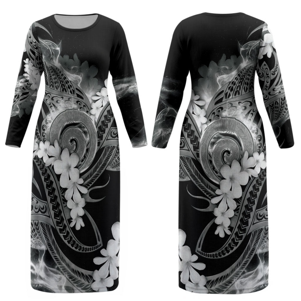 Piko Hawaiian Couples Matching Long Sleeve Bodycon Dress and Hawaiian Shirt Monochrome Galaxy Spiral Plumeria Tribal Patterns