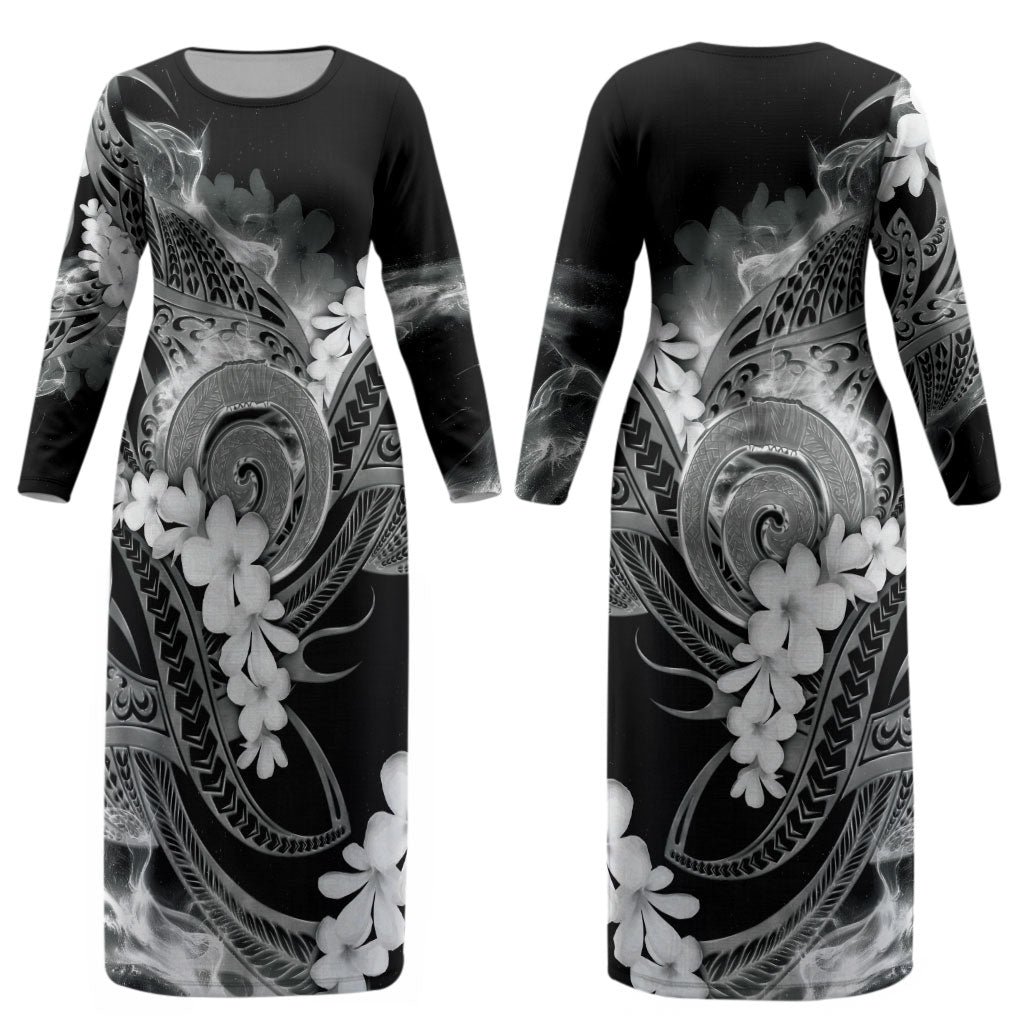 Piko Hawaiian Couples Matching Long Sleeve Bodycon Dress and Long Sleeve Button Shirt Monochrome Galaxy Spiral Plumeria Tribal Patterns