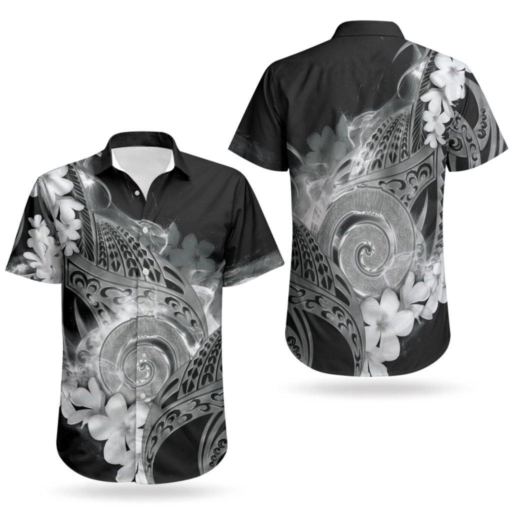 Piko Hawaiian Couples Matching Off Shoulder Short Dress and Hawaiian Shirt Monochrome Galaxy Spiral Plumeria Tribal Patterns