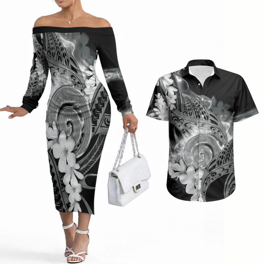 Piko Hawaiian Couples Matching Off The Shoulder Long Sleeve Dress and Hawaiian Shirt Monochrome Galaxy Spiral Plumeria Tribal Patterns