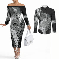Piko Hawaiian Couples Matching Off The Shoulder Long Sleeve Dress and Long Sleeve Button Shirt Monochrome Galaxy Spiral Plumeria Tribal Patterns