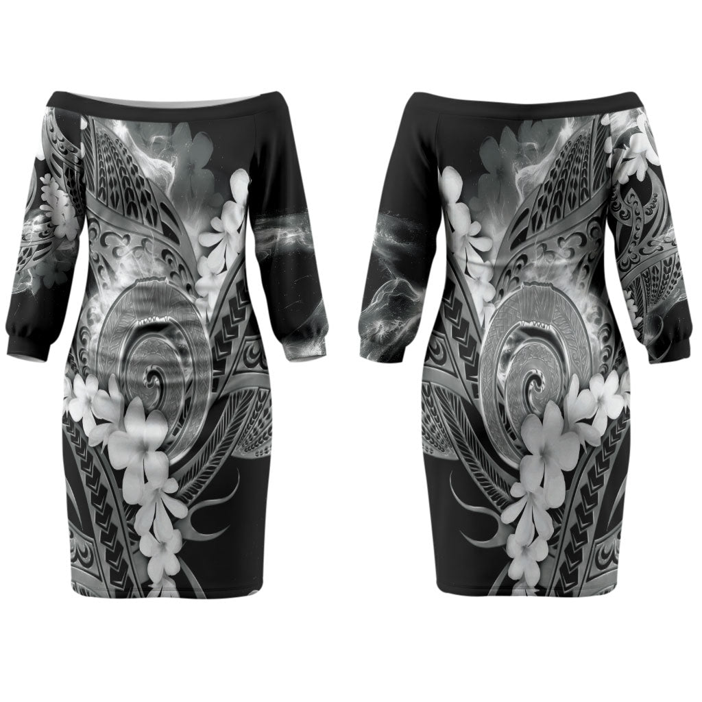 Piko Hawaiian Couples Matching Off The Shoulder Long Sleeve Dress and Long Sleeve Button Shirt Monochrome Galaxy Spiral Plumeria Tribal Patterns