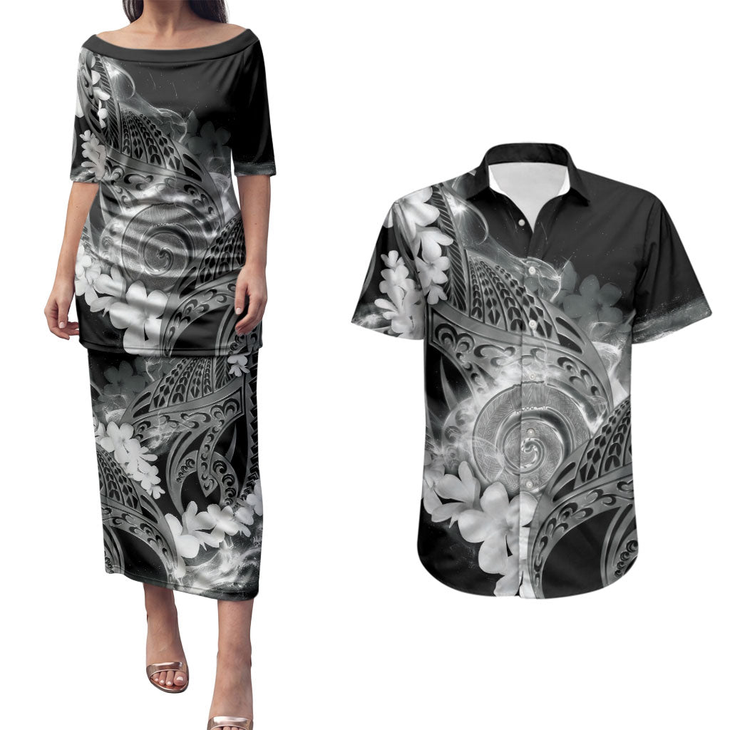 Piko Hawaiian Couples Matching Puletasi and Hawaiian Shirt Monochrome Galaxy Spiral Plumeria Tribal Patterns