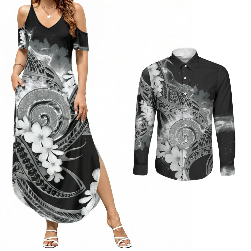Piko Hawaiian Couples Matching Summer Maxi Dress and Long Sleeve Button Shirt Monochrome Galaxy Spiral Plumeria Tribal Patterns
