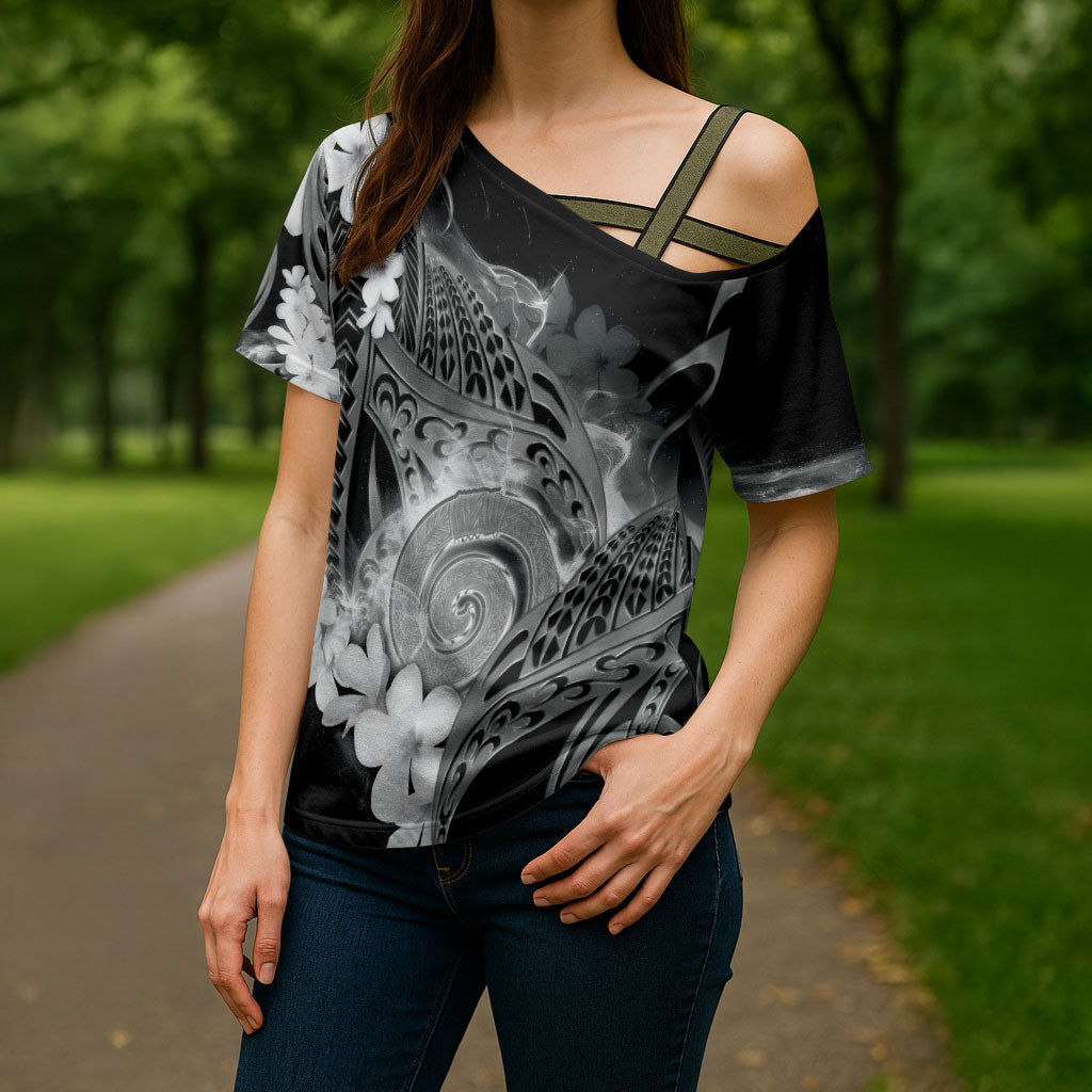 Piko Hawaiian Cross Shoulder Shirt Monochrome Galaxy Spiral Plumeria Tribal Patterns