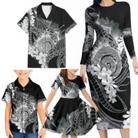 Piko Hawaiian Family Matching Long Sleeve Bodycon Dress and Hawaiian Shirt Monochrome Galaxy Spiral Plumeria Tribal Patterns