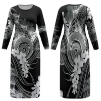 Piko Hawaiian Family Matching Long Sleeve Bodycon Dress and Hawaiian Shirt Monochrome Galaxy Spiral Plumeria Tribal Patterns
