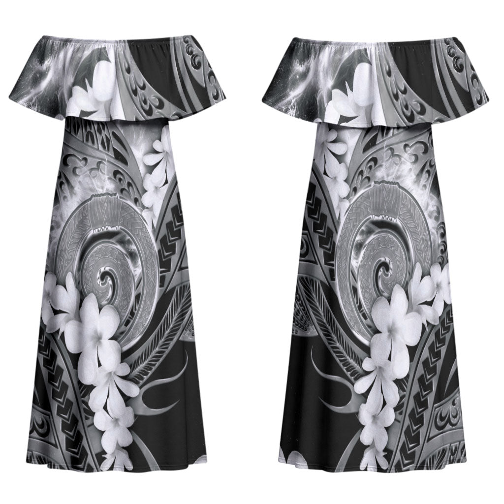 Piko Hawaiian Family Matching Off Shoulder Maxi Dress and Hawaiian Shirt Monochrome Galaxy Spiral Plumeria Tribal Patterns