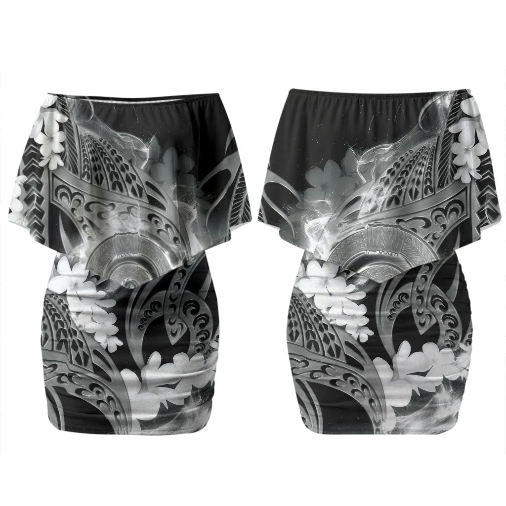 Piko Hawaiian Family Matching Off Shoulder Short Dress and Hawaiian Shirt Monochrome Galaxy Spiral Plumeria Tribal Patterns
