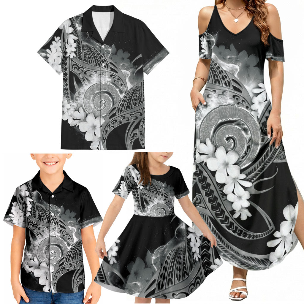Piko Hawaiian Family Matching Summer Maxi Dress and Hawaiian Shirt Monochrome Galaxy Spiral Plumeria Tribal Patterns