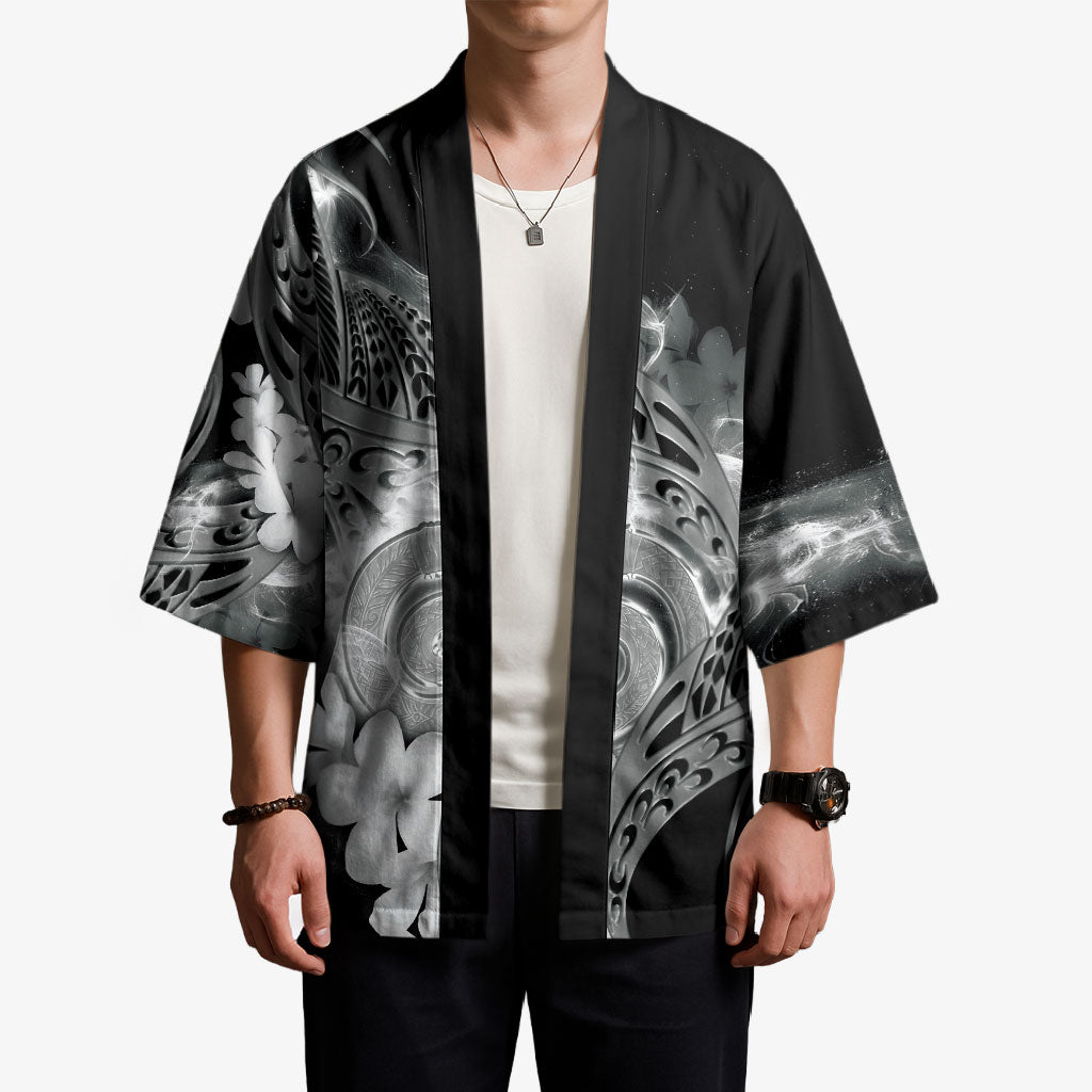 Piko Hawaiian Kimono Monochrome Galaxy Spiral Plumeria Tribal Patterns