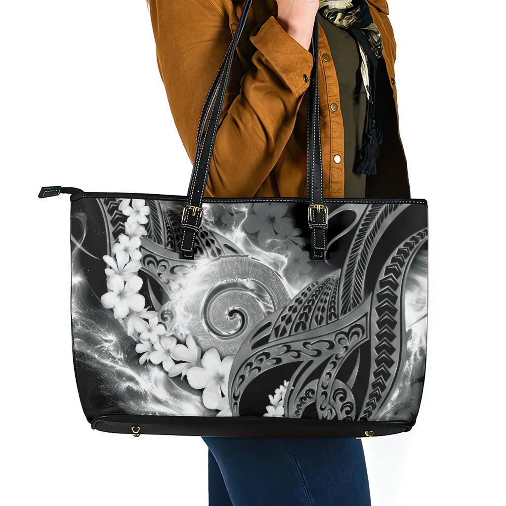 Piko Hawaiian Leather Tote Bag Monochrome Galaxy Spiral Plumeria Tribal Patterns