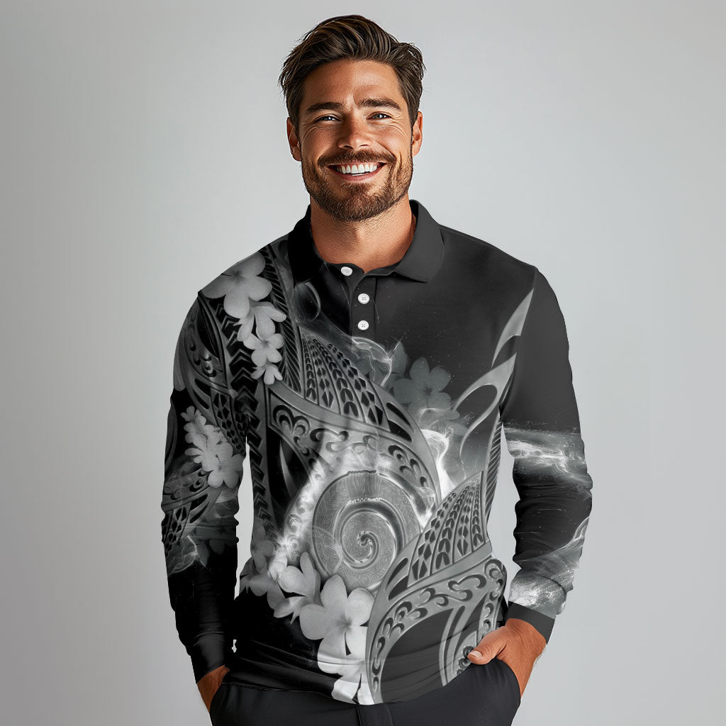 Piko Hawaiian Long Sleeve Polo Shirt Monochrome Galaxy Spiral Plumeria Tribal Patterns
