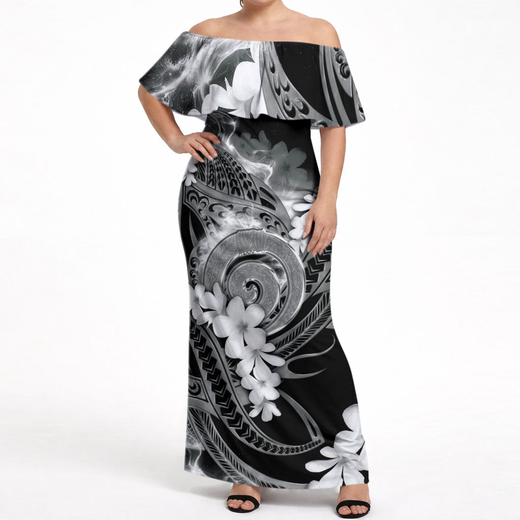 Piko Hawaiian Off Shoulder Maxi Dress Monochrome Galaxy Spiral Plumeria Tribal Patterns