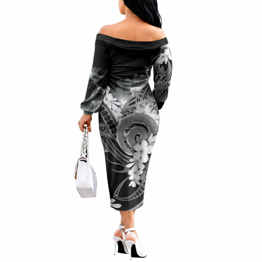 Piko Hawaiian Off The Shoulder Long Sleeve Dress Monochrome Galaxy Spiral Plumeria Tribal Patterns
