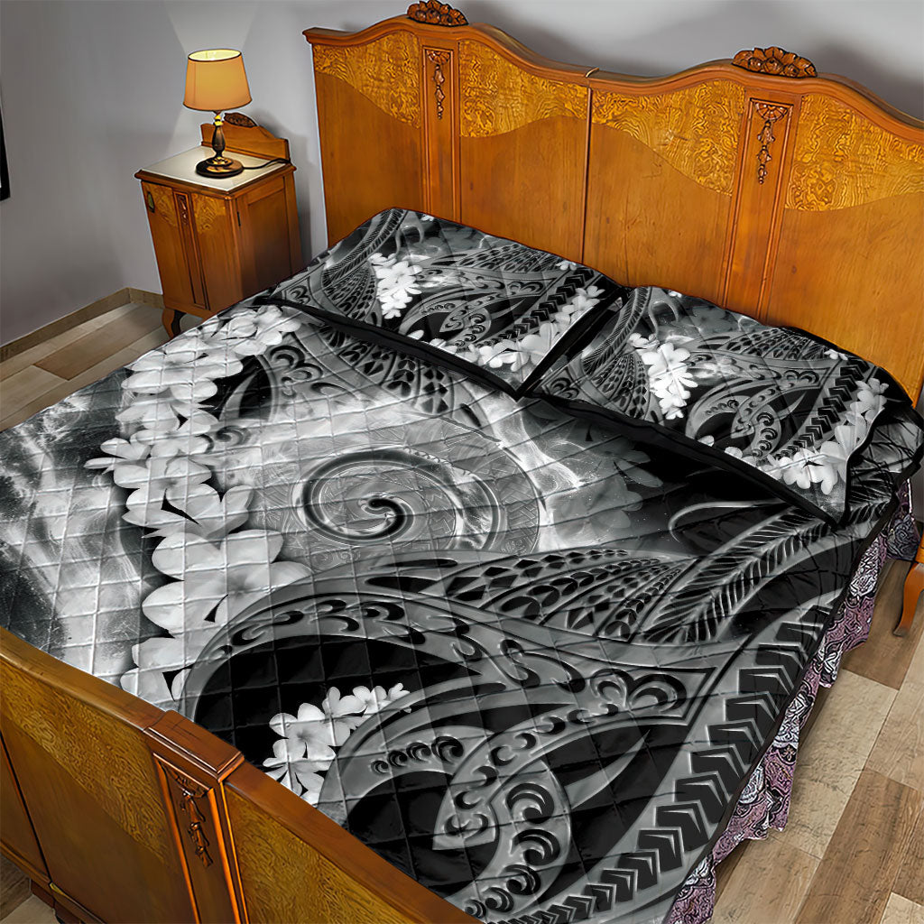 Piko Hawaiian Quilt Bed Set Monochrome Galaxy Spiral Plumeria Tribal Patterns