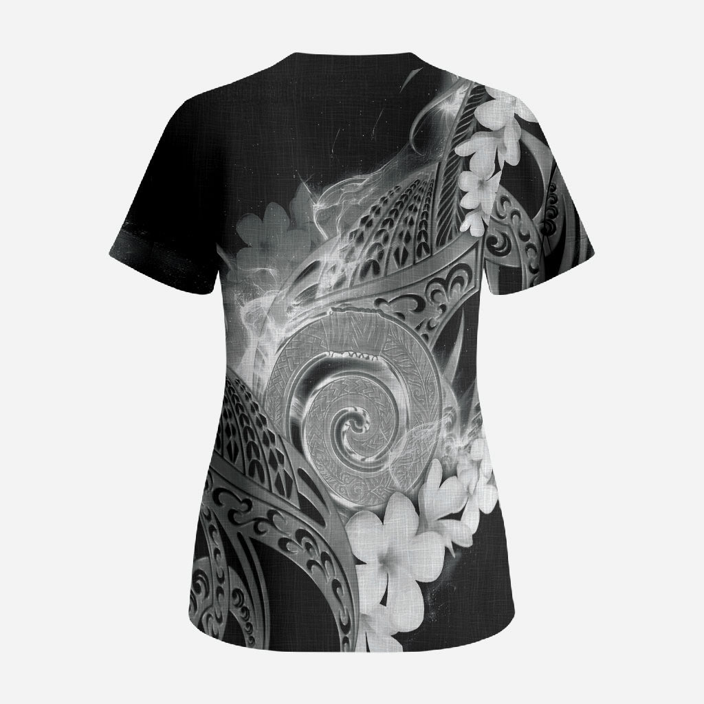 Piko Hawaiian Scrub Top Monochrome Galaxy Spiral Plumeria Tribal Patterns