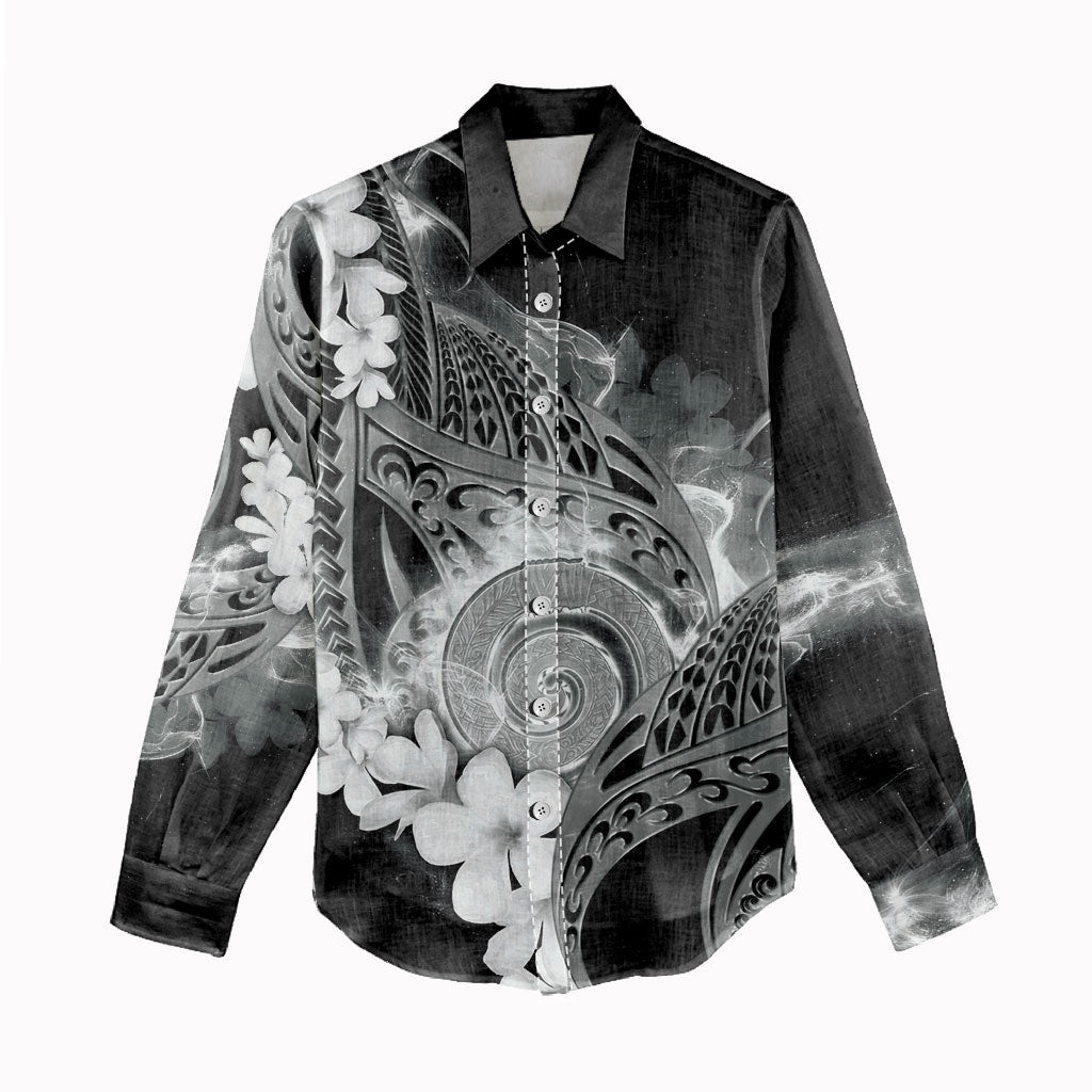 Piko Hawaiian Women Casual Shirt Monochrome Galaxy Spiral Plumeria Tribal Patterns