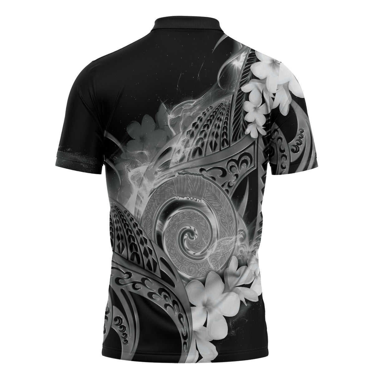 Piko Hawaiian Zipper Polo Shirt Monochrome Galaxy Spiral Plumeria Tribal Patterns