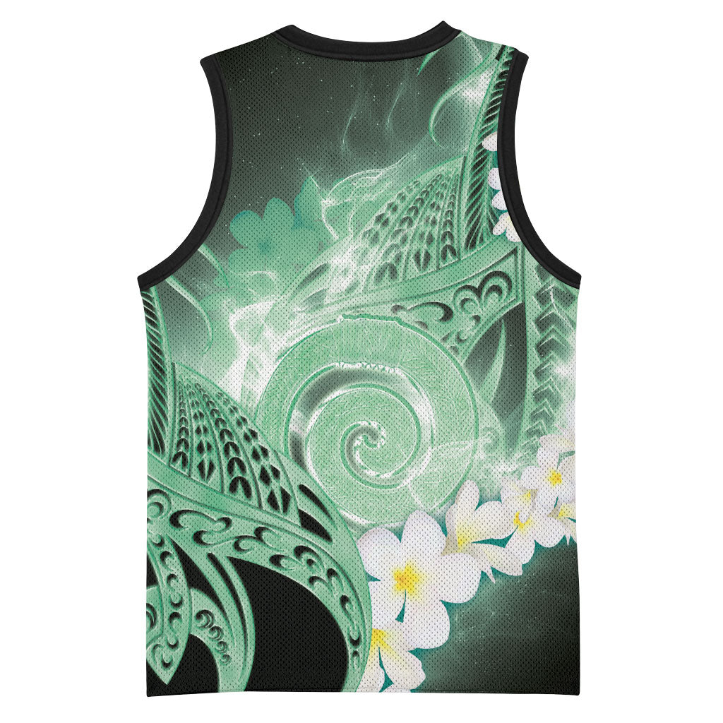 Piko Hawaiian Basketball Jersey Green Galaxy Spiral Plumeria Tribal Patterns