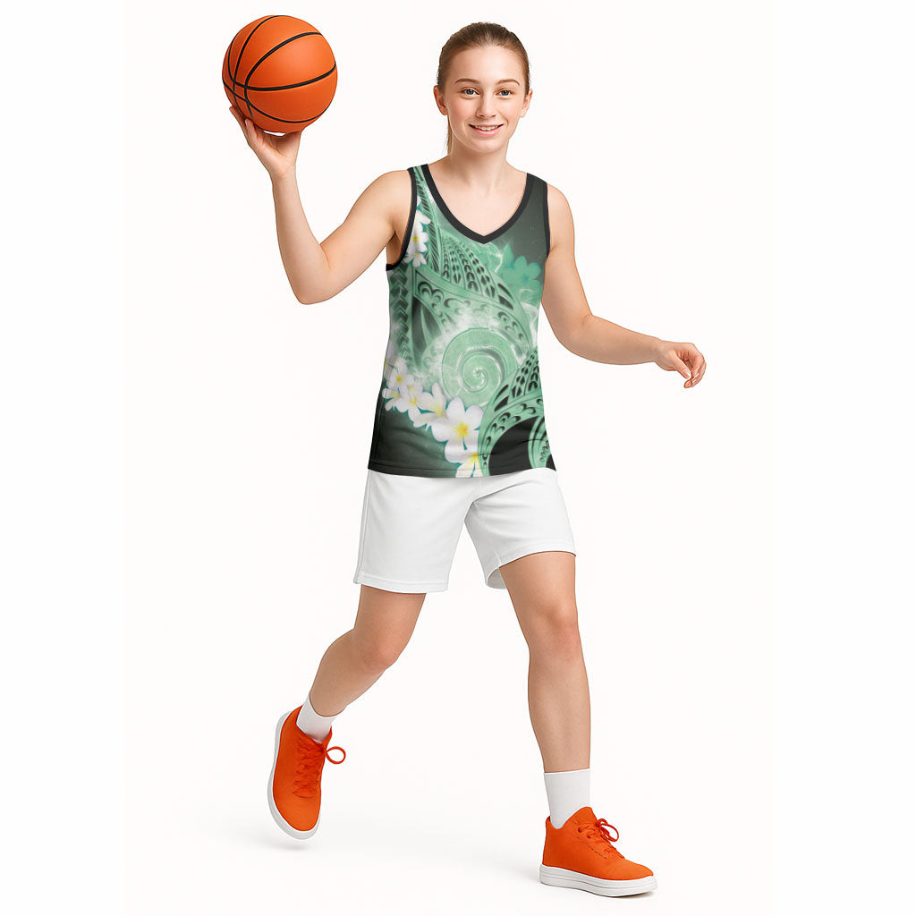 Piko Hawaiian Basketball Jersey Green Galaxy Spiral Plumeria Tribal Patterns