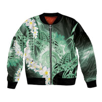 Piko Hawaiian Bomber Jacket Green Galaxy Spiral Plumeria Tribal Patterns