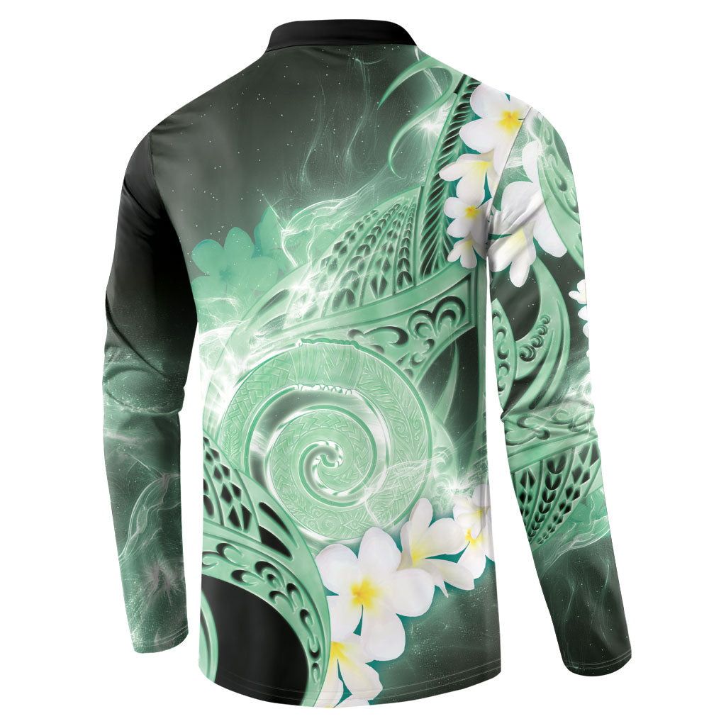 Piko Hawaiian Button Sweatshirt Green Galaxy Spiral Plumeria Tribal Patterns